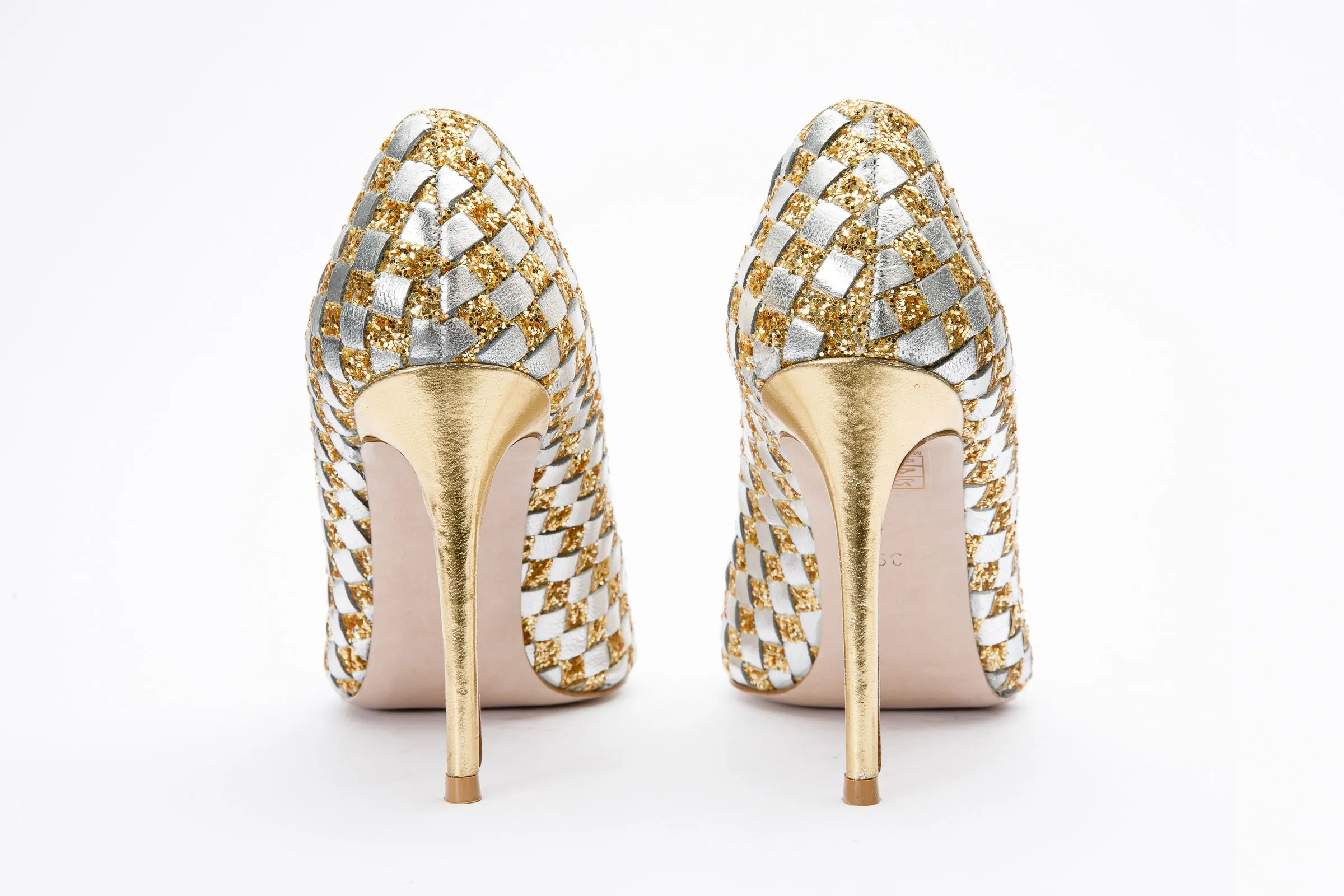 The Saks Tory Gold & Silver Handwoven Leather Pump Women Shoe Retro Glam Classy Footwear