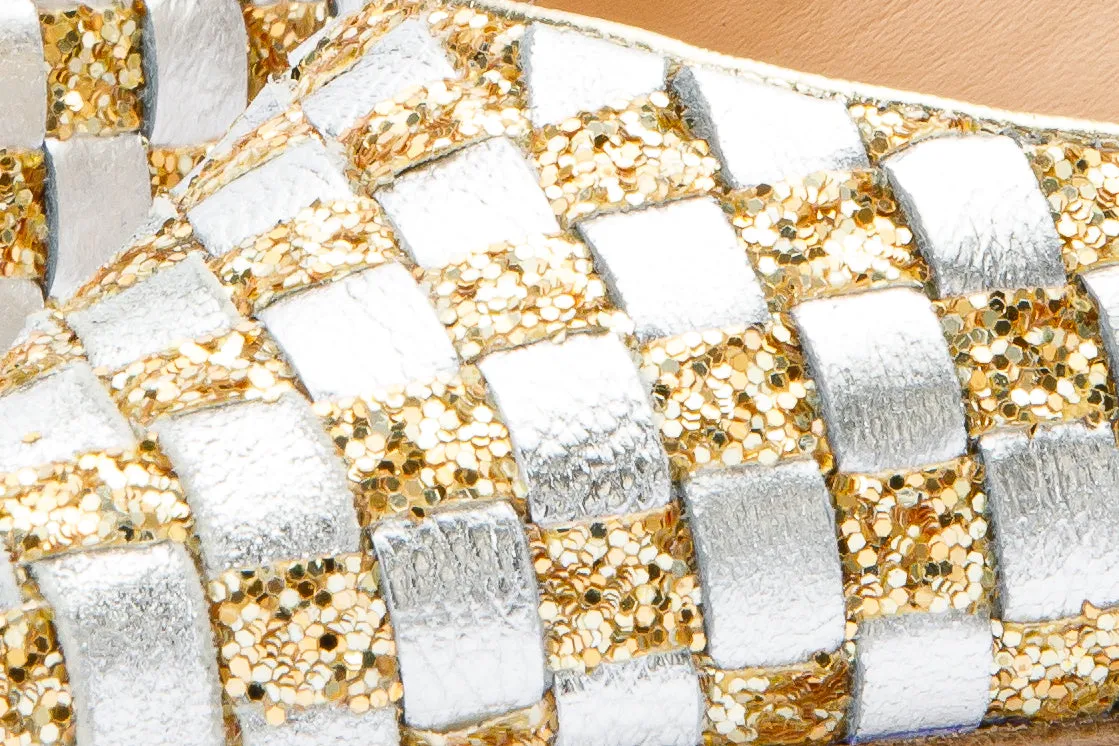 The Saks Tory Gold & Silver Handwoven Leather Pump Women Shoe Leather Material Open Toe