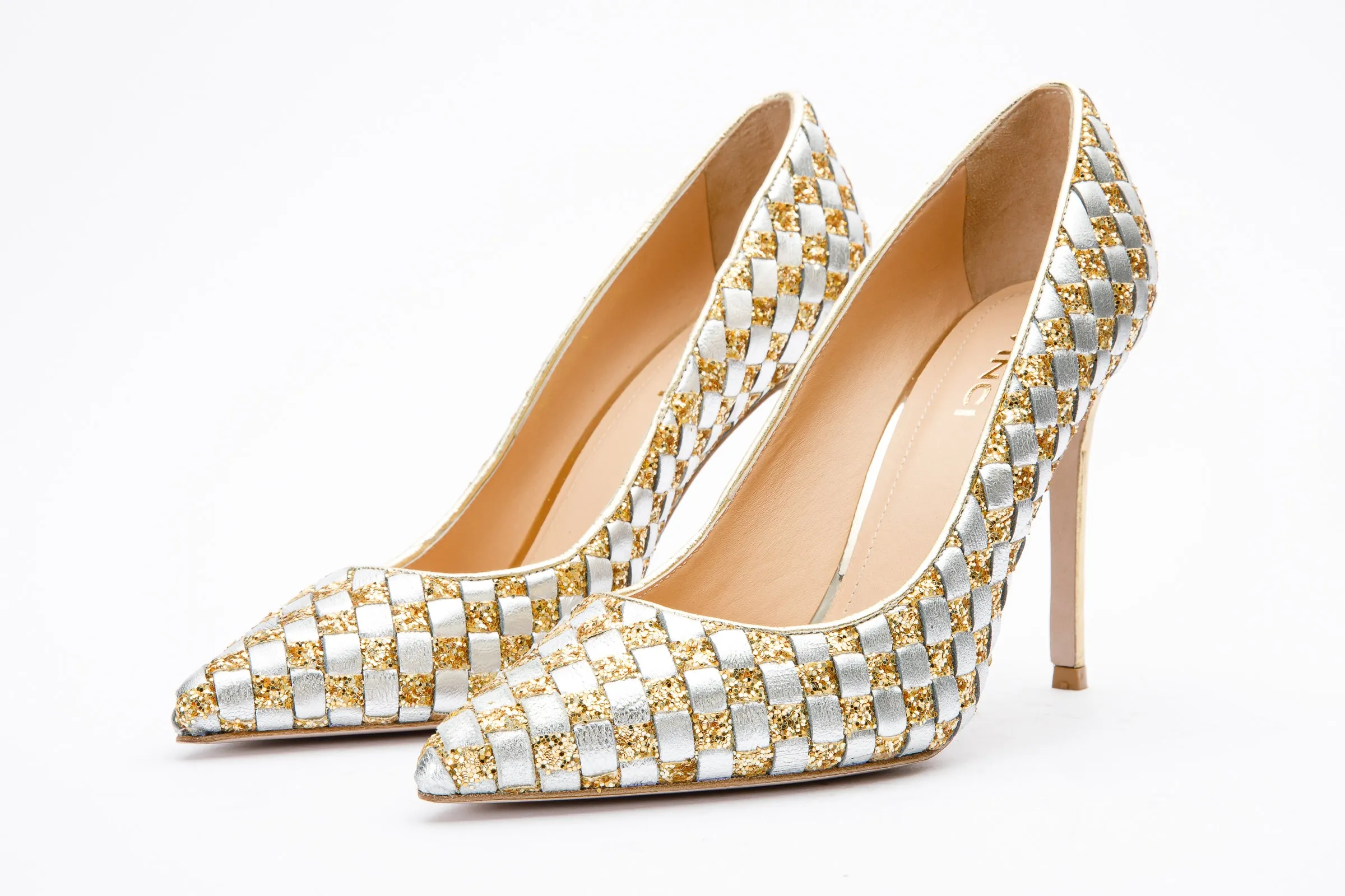 Light Spark The Saks Tory Gold & Silver Handwoven Leather Pump Women Shoe