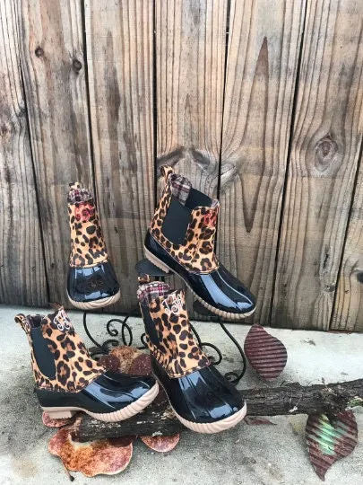 Monogram Ankle Leopard Duck boots, Slip On boots, Pull On boots, Monogram Rain Boot, Boat-Shoe Style, Gift for Her, personalized boots