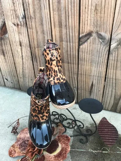 Monogram Ankle Leopard Duck boots, Slip On boots, Pull On boots, Monogram Rain Boot, Boat-Shoe Style, Gift for Her, personalized boots