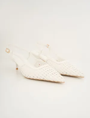 Neita White Pu Woven Slingback Court Mid Heels