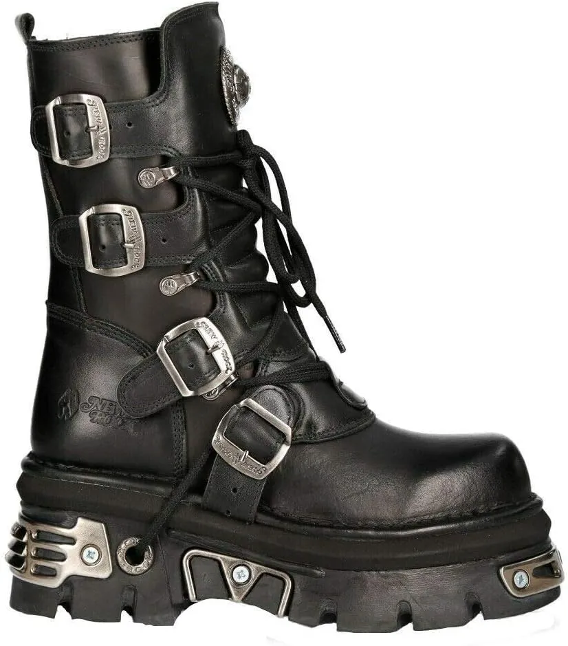 New Rock Unisex M.373-S4 Metallic Black 100% Leather Goth Biker Emo Fashion Reactor Boots