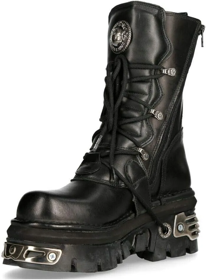New Rock Unisex M.373-S4 Metallic Black 100% Leather Goth Biker Emo Fashion Reactor Boots
