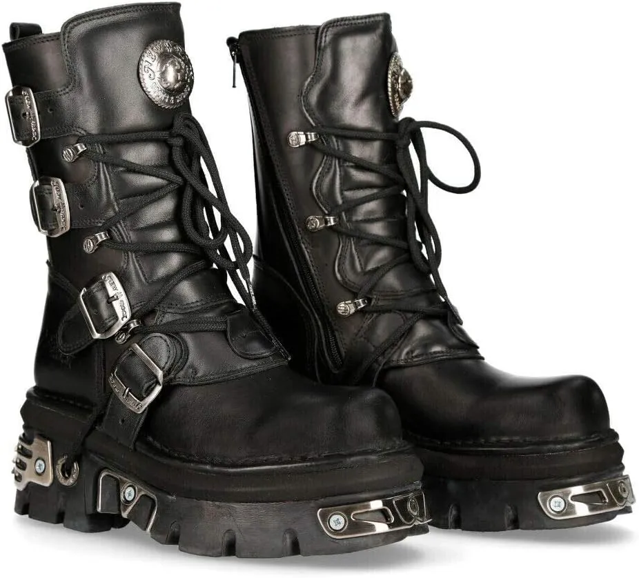 New Rock Unisex M.373-S4 Metallic Black 100% Leather Goth Biker Emo Fashion Reactor Boots