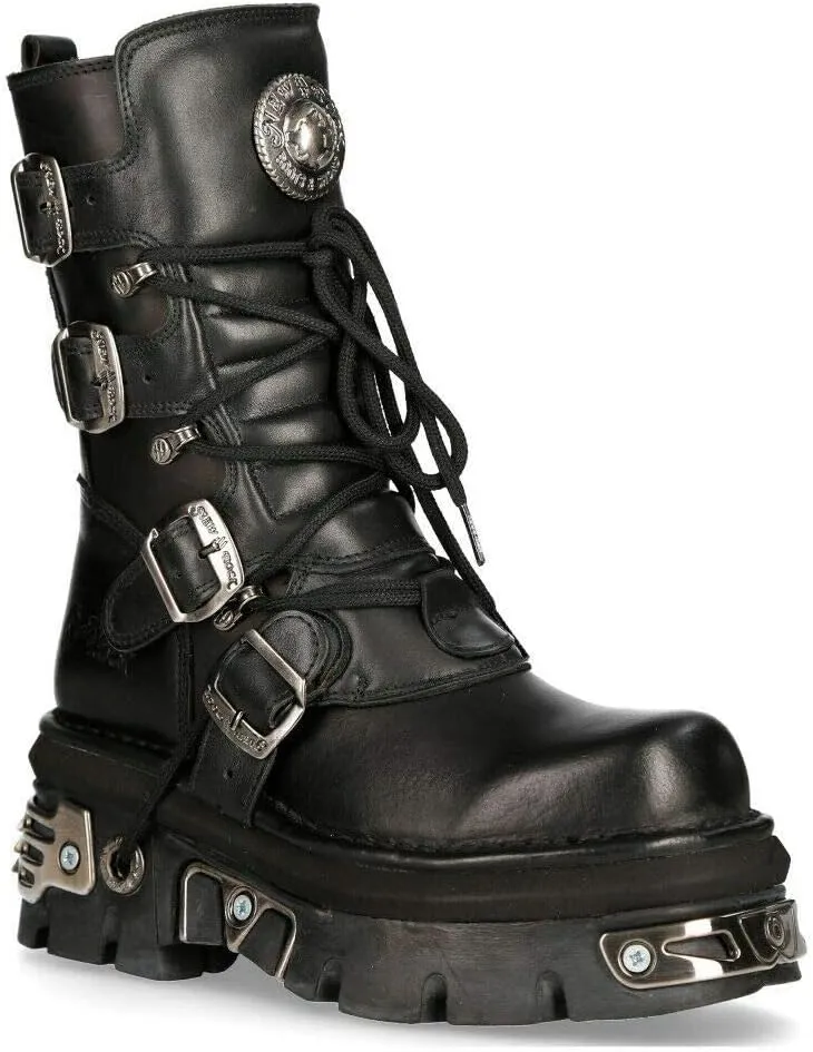 New Rock Unisex M.373-S4 Metallic Black 100% Leather Goth Biker Emo Fashion Reactor Boots