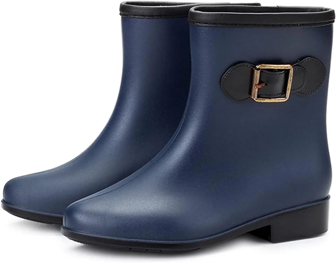 oiangi Rain Boots for Women Waterproof Fashion Non-slip Solid Round Toe Plastic Low Heel Hasp Slip-on Mid Calf Boots Comfortable Casual Square Heel Shoes