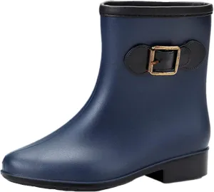 oiangi Rain Boots for Women Waterproof Fashion Non-slip Solid Round Toe Plastic Low Heel Hasp Slip-on Mid Calf Boots Comfortable Casual Square Heel Shoes