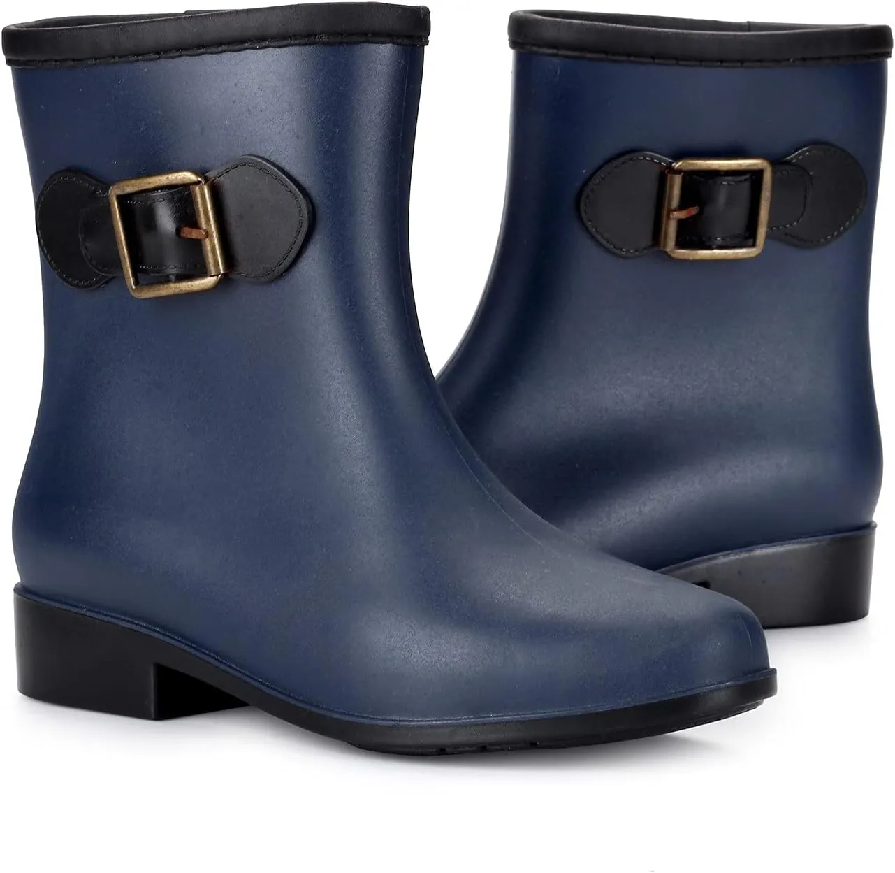 oiangi Rain Boots for Women Waterproof Fashion Non-slip Solid Round Toe Plastic Low Heel Hasp Slip-on Mid Calf Boots Comfortable Casual Square Heel Shoes