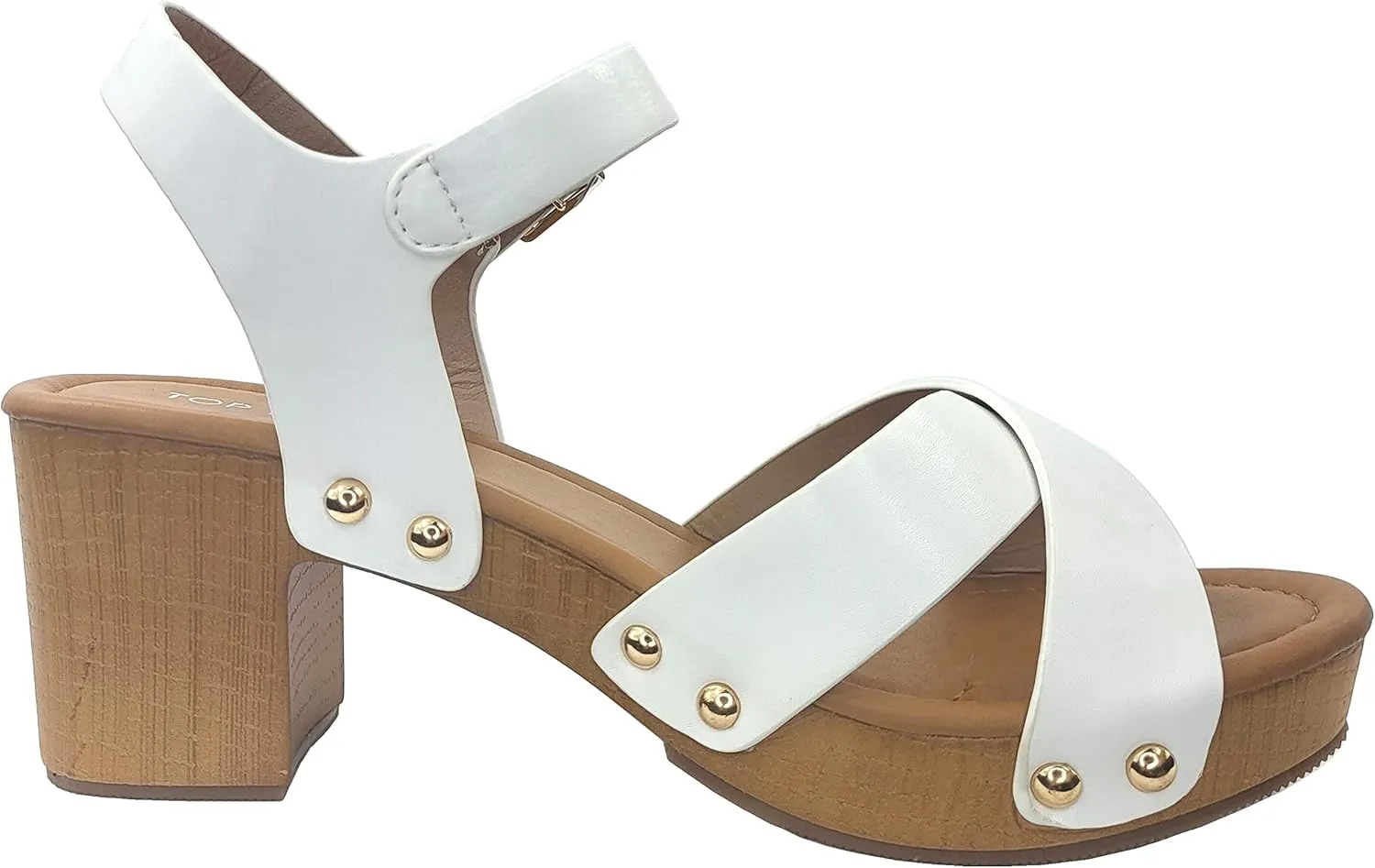 Open Toe Cross Strap Faux Wood Block Heel Sandal