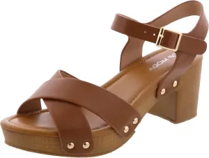 Open Toe Cross Strap Faux Wood Block Heel Sandal