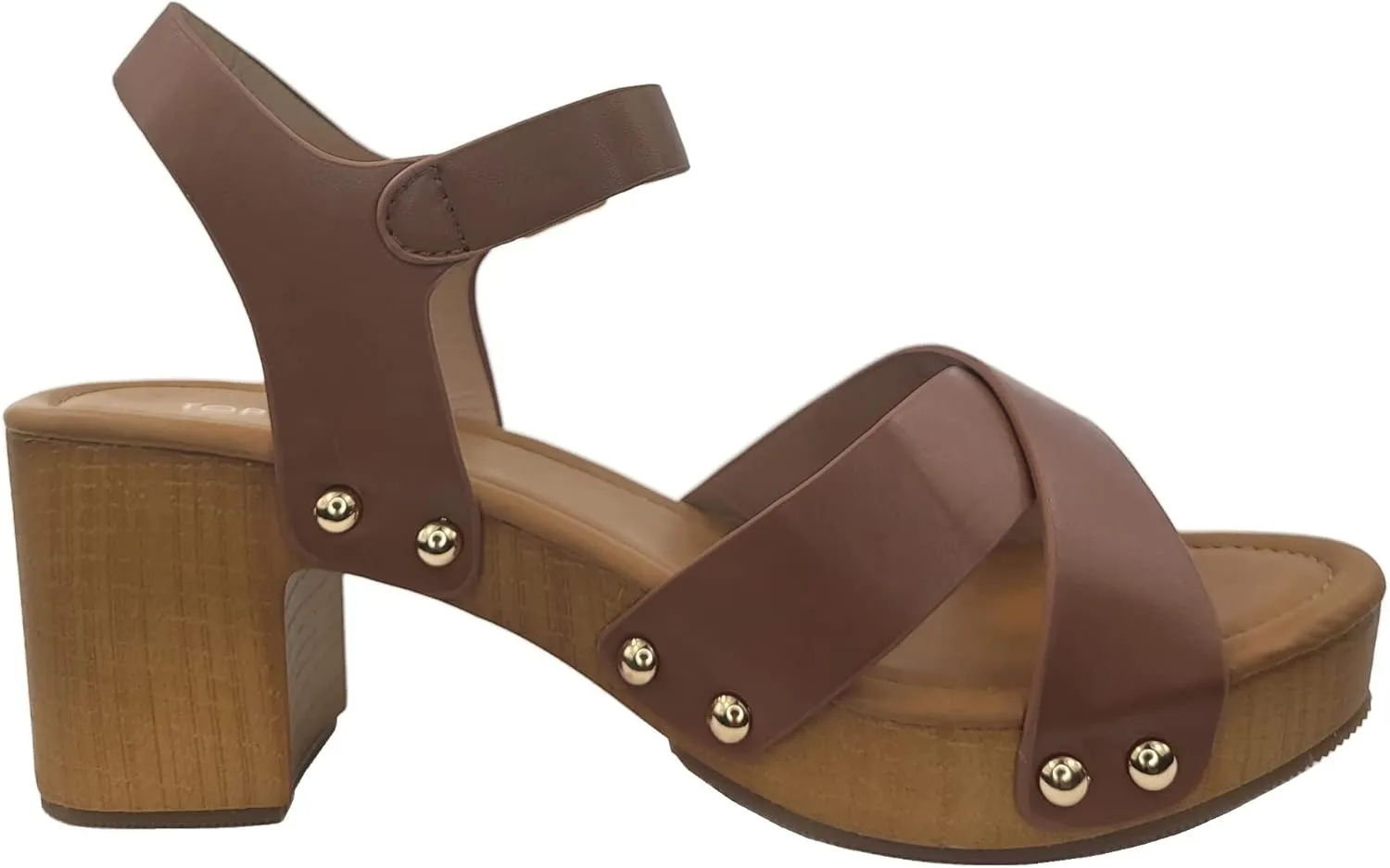 Open Toe Cross Strap Faux Wood Block Heel Sandal