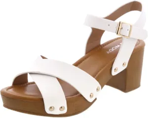 Open Toe Cross Strap Faux Wood Block Heel Sandal