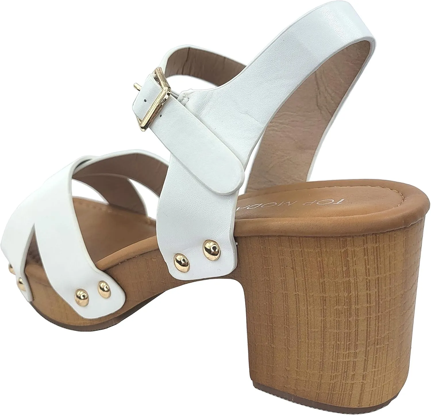 Open Toe Cross Strap Faux Wood Block Heel Sandal