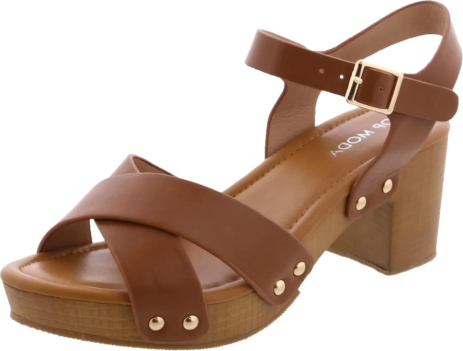 Open Toe Cross Strap Faux Wood Block Heel Sandal