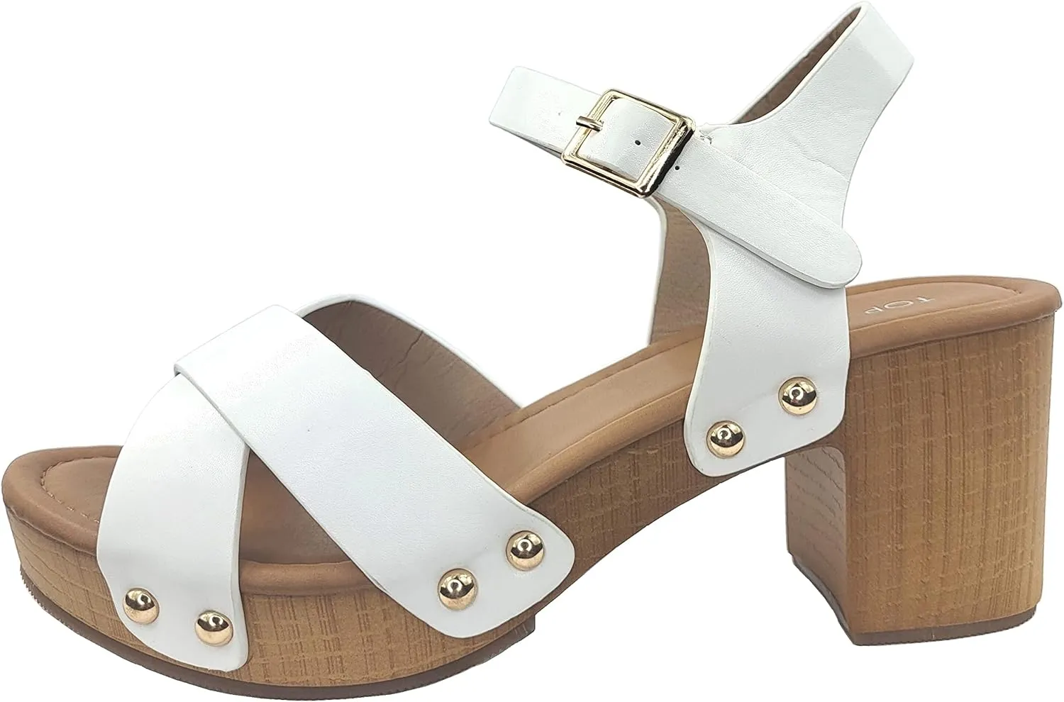 Open Toe Cross Strap Faux Wood Block Heel Sandal