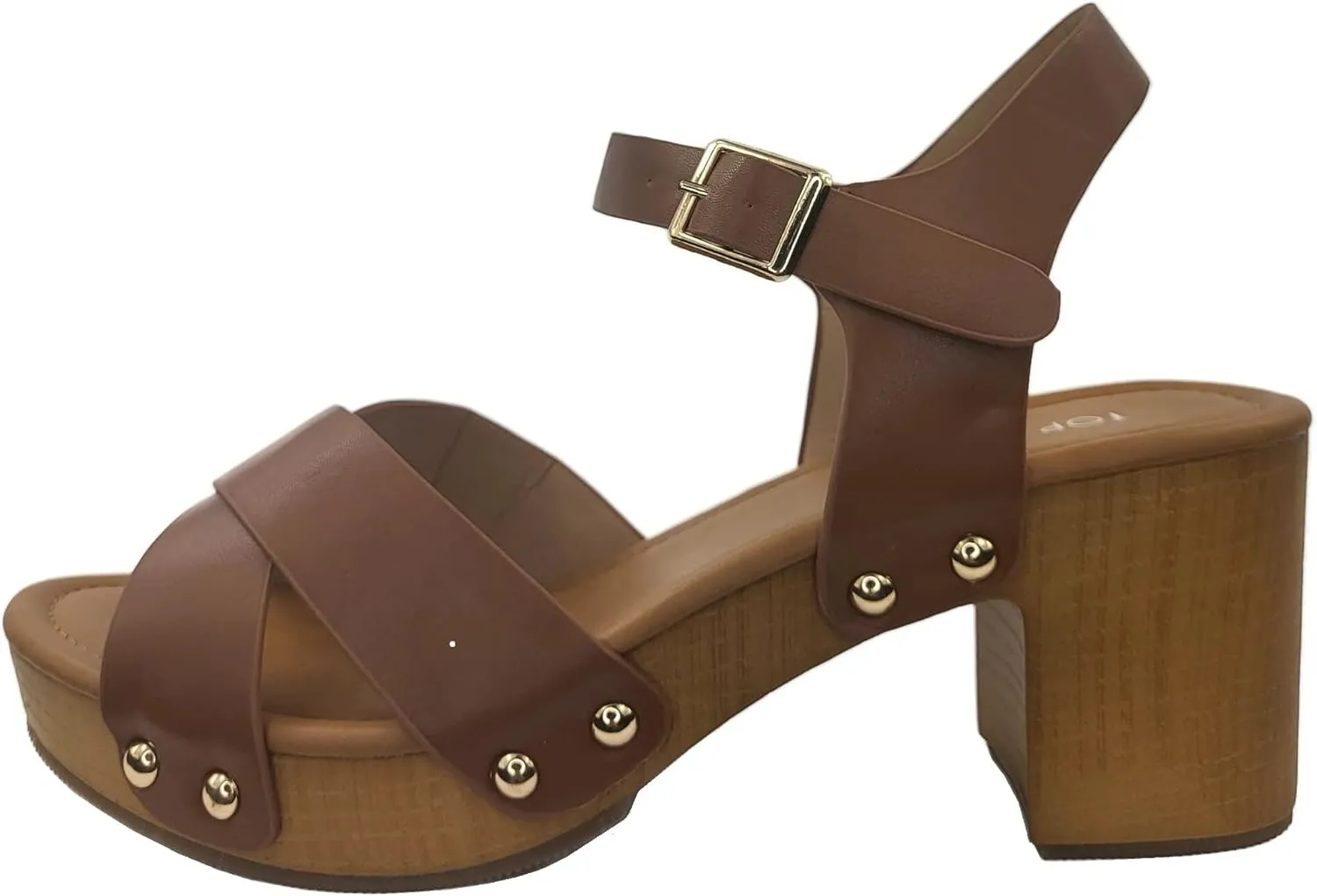 Open Toe Cross Strap Faux Wood Block Heel Sandal
