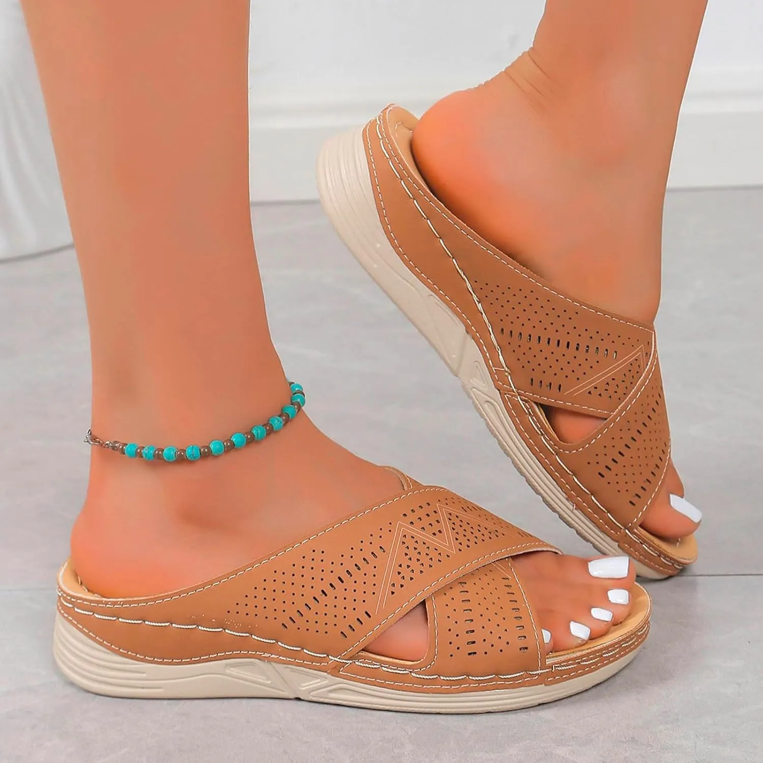 Orthopedic Sandals for Women Arch Support Non Slip Open Toe Leather Wedge Slides Sandals Wedge Platform Sandal
