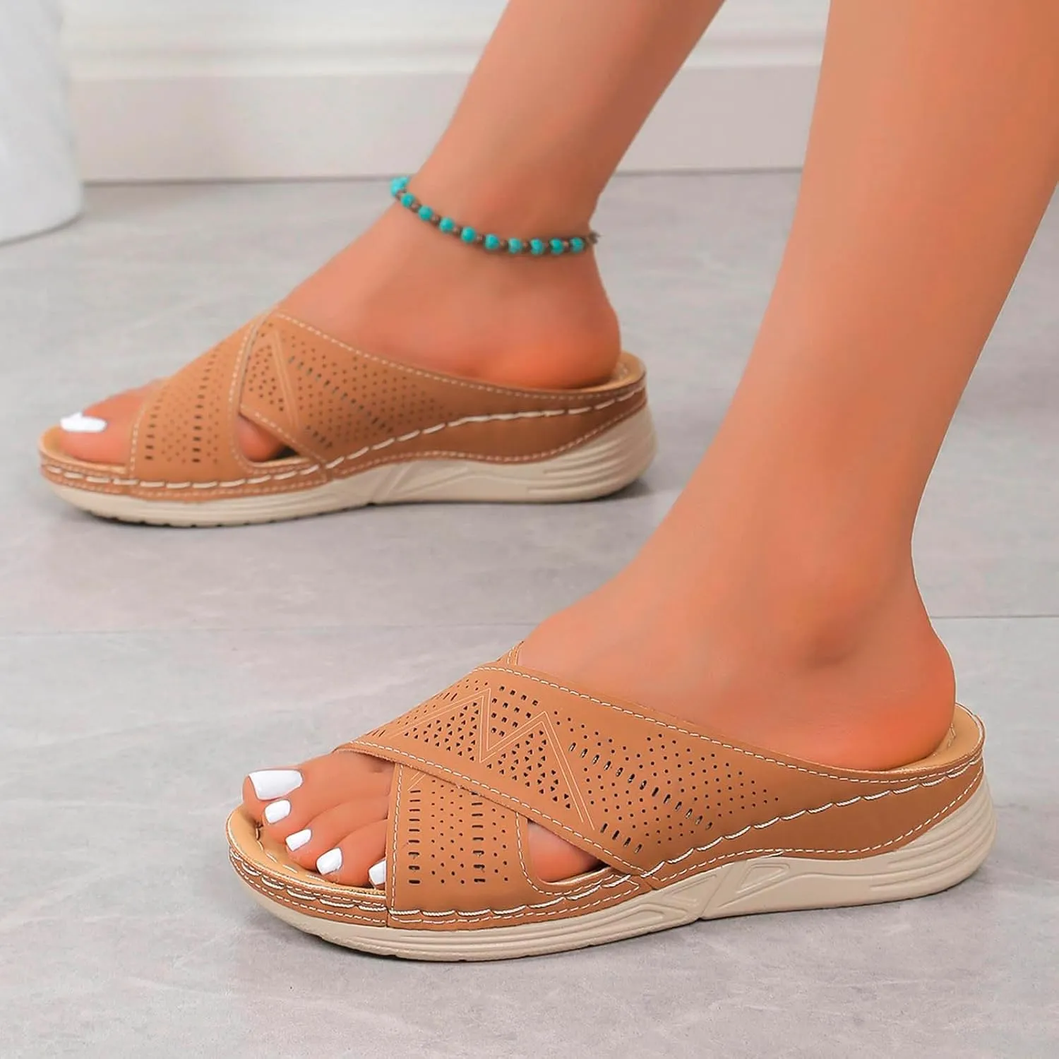Orthopedic Sandals for Women Arch Support Non Slip Open Toe Leather Wedge Slides Sandals Wedge Platform Sandal
