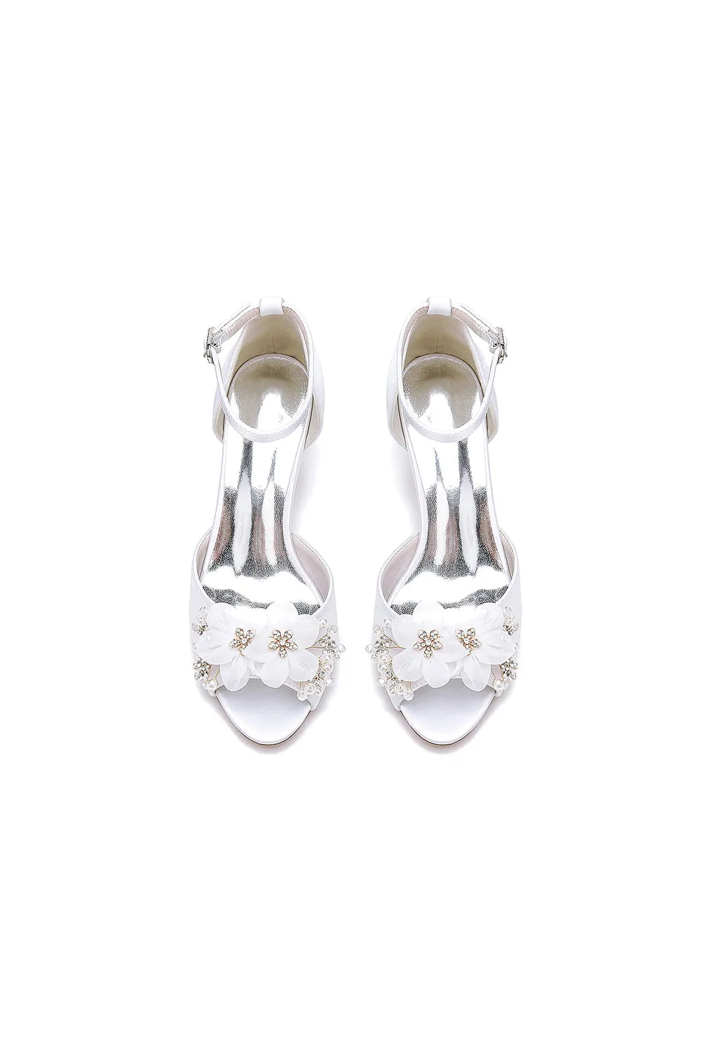 Peep Toe Rhinestone Chunky Heel Pumps with Flower