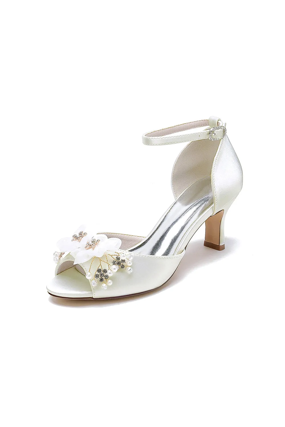 Peep Toe Rhinestone Chunky Heel Pumps with Flower