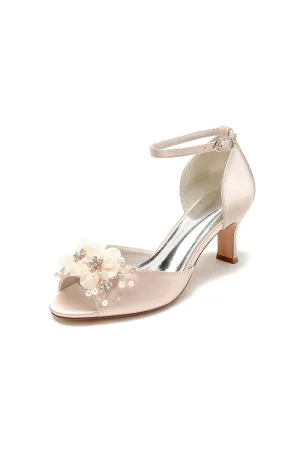 Peep Toe Rhinestone Chunky Heel Pumps with Flower