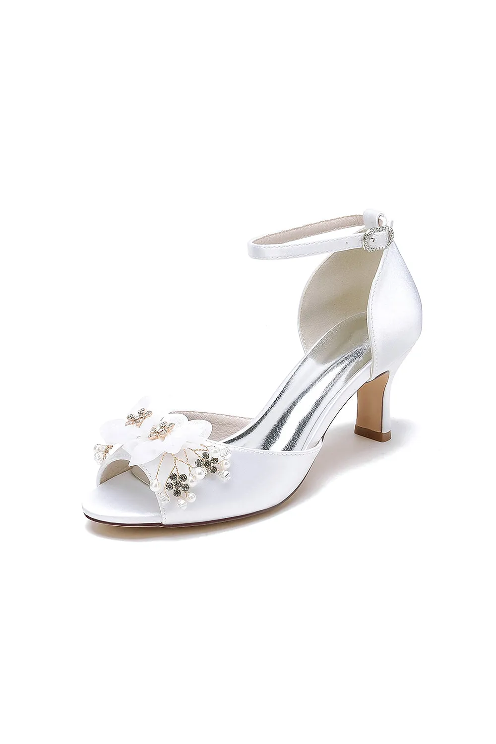Peep Toe Rhinestone Chunky Heel Pumps with Flower