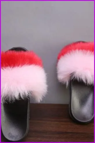 Pink And Red Faux Fake Fur Slides F153
