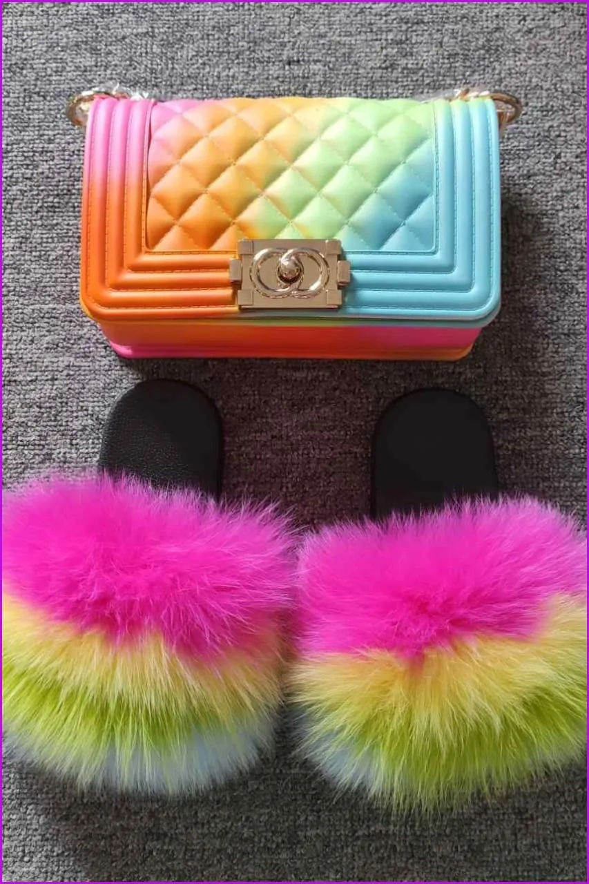 Pink Yellow Green Blue Kids Fluffy Slides & Purse Set #6 F873