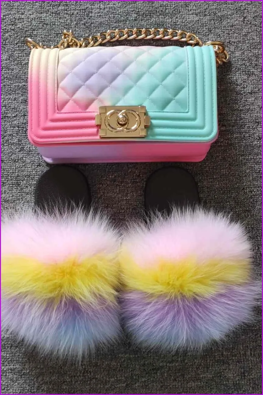 Pink Yellow Purple Blue Kids Fluffy Slides & Purse Set #10 F873