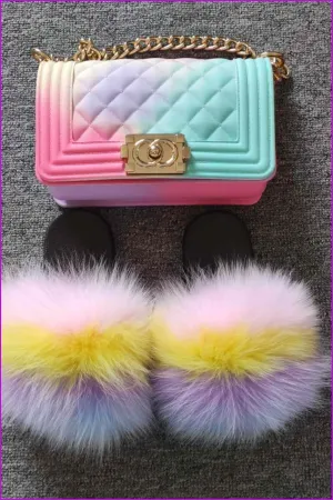 Pink Yellow Purple Blue Kids Fluffy Slides & Purse Set #10 F873