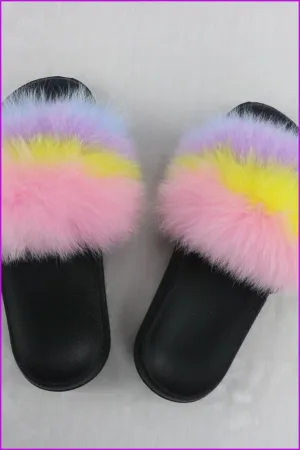 Pink Yellow Purple Blue Mixed Fur Slides F726-05