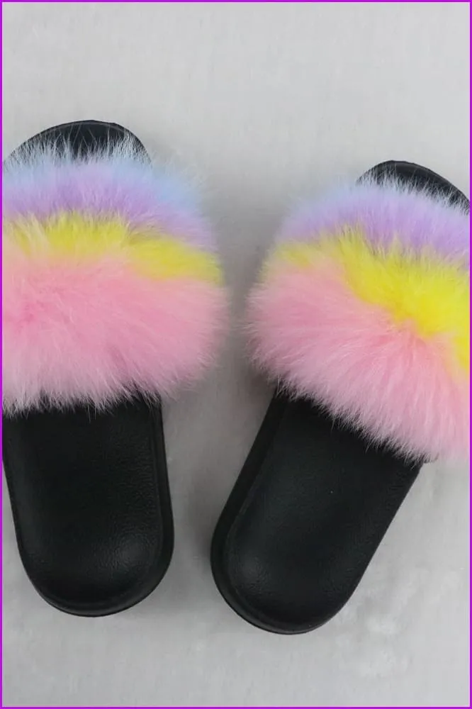 Pink Yellow Purple Blue Mixed Fur Slides F726-05