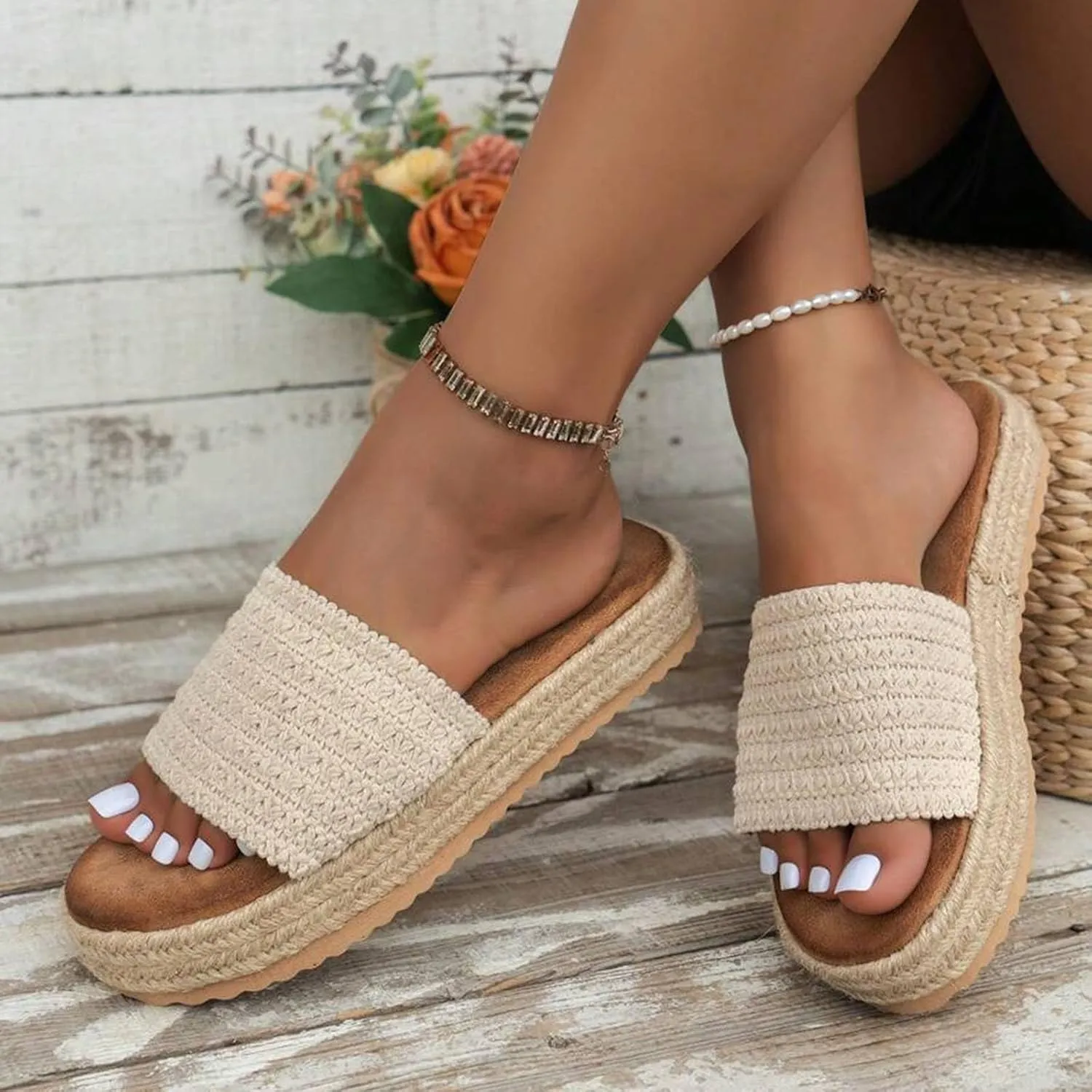 Platform Sandals Women Wedge Espadrilles Slip on Summer Sandals Bohemia Vacation Slides Open Toe Beach Sandal Outdoor