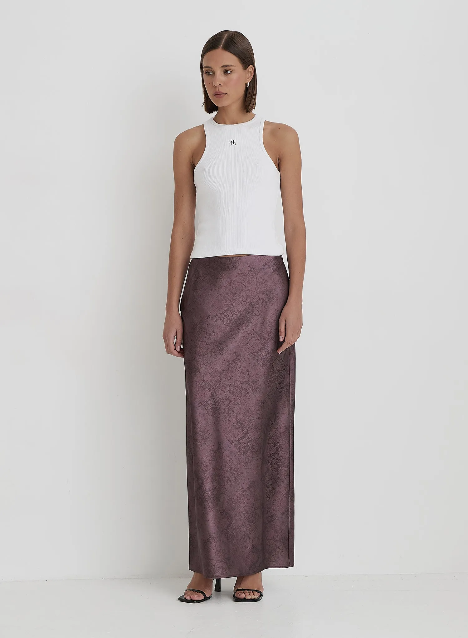 Plum Printed Satin Maxi Skirt- Novah