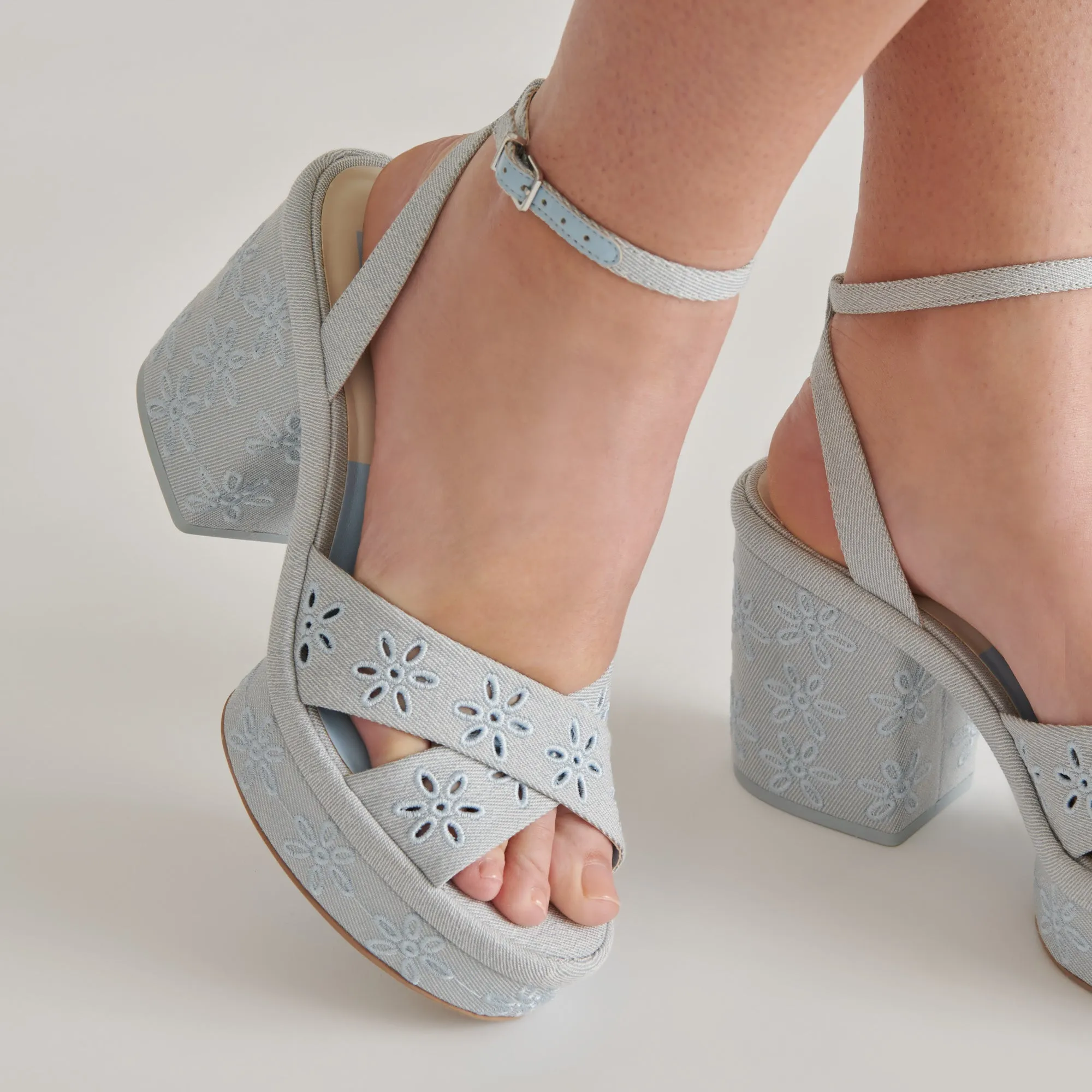 Fashionable Style LAISHA HEELS LIGHT BLUE FLORAL EYELET