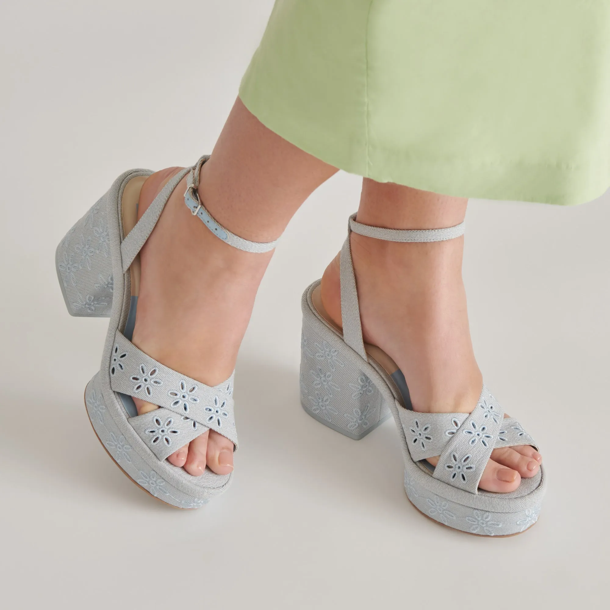 LAISHA HEELS LIGHT BLUE FLORAL EYELET Polished Style Wedge Heel