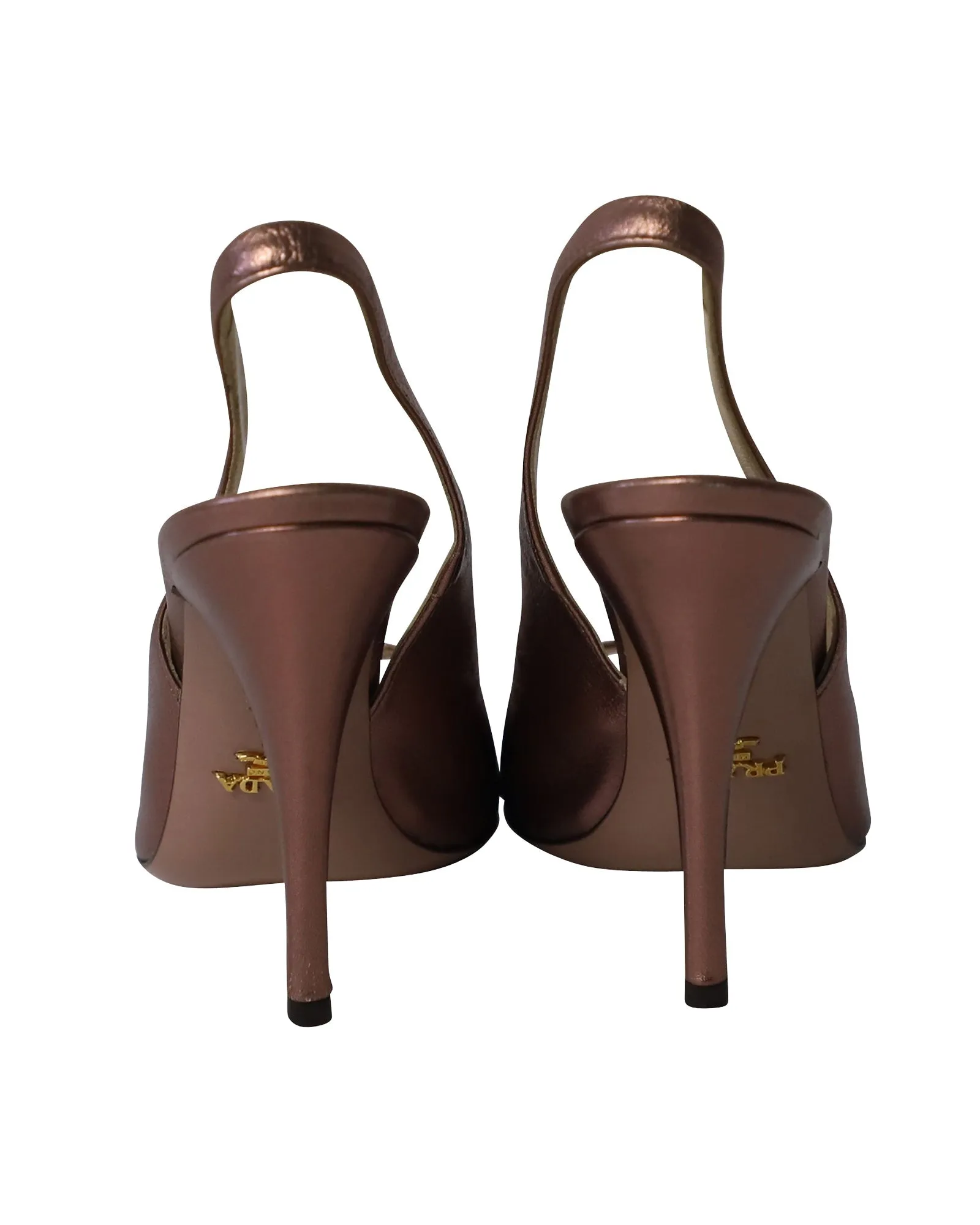 Prada Peep Toe Slingback Heels in Metallic Rose Leather