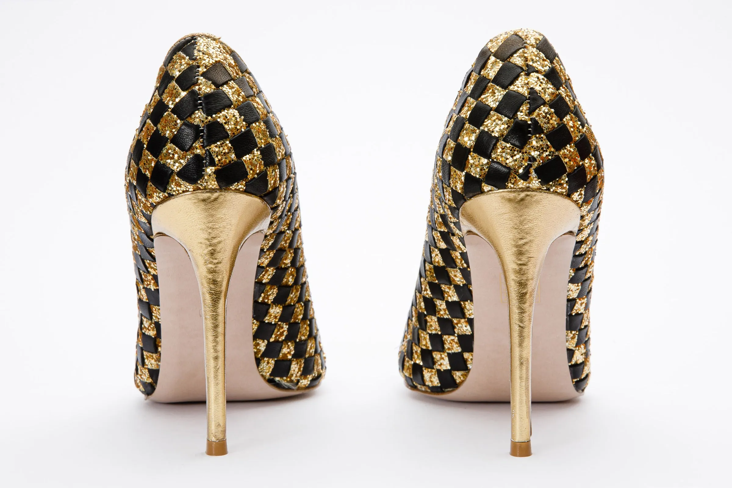 Statement style The Saks Tory Gold & Black Handwoven Leather Pump Women Shoe