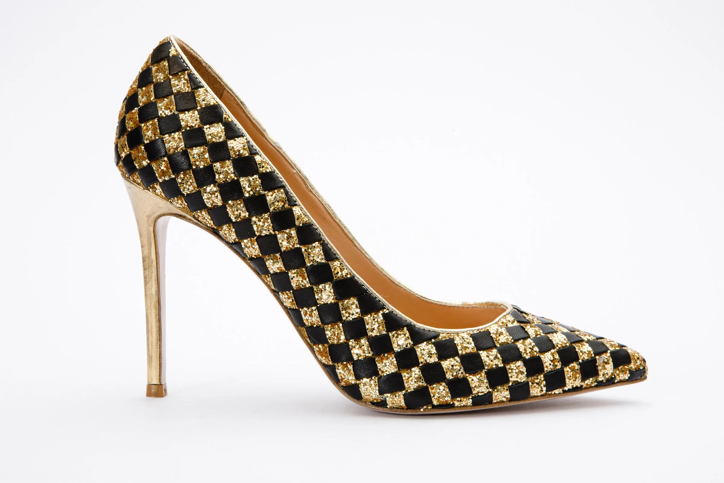 Date night Youth Edge The Saks Tory Gold & Black Handwoven Leather Pump Women Shoe