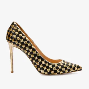 Luxury Feel The Saks Tory Gold & Black Handwoven Leather Pump Women Shoe