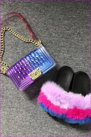 Purple And Blue Jelly Shoulder Bag And Slides Set
