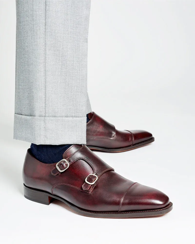 Anatomical Toe Shape Urban Steps Museum Oxblood Double Monk Strap Dress Shoe