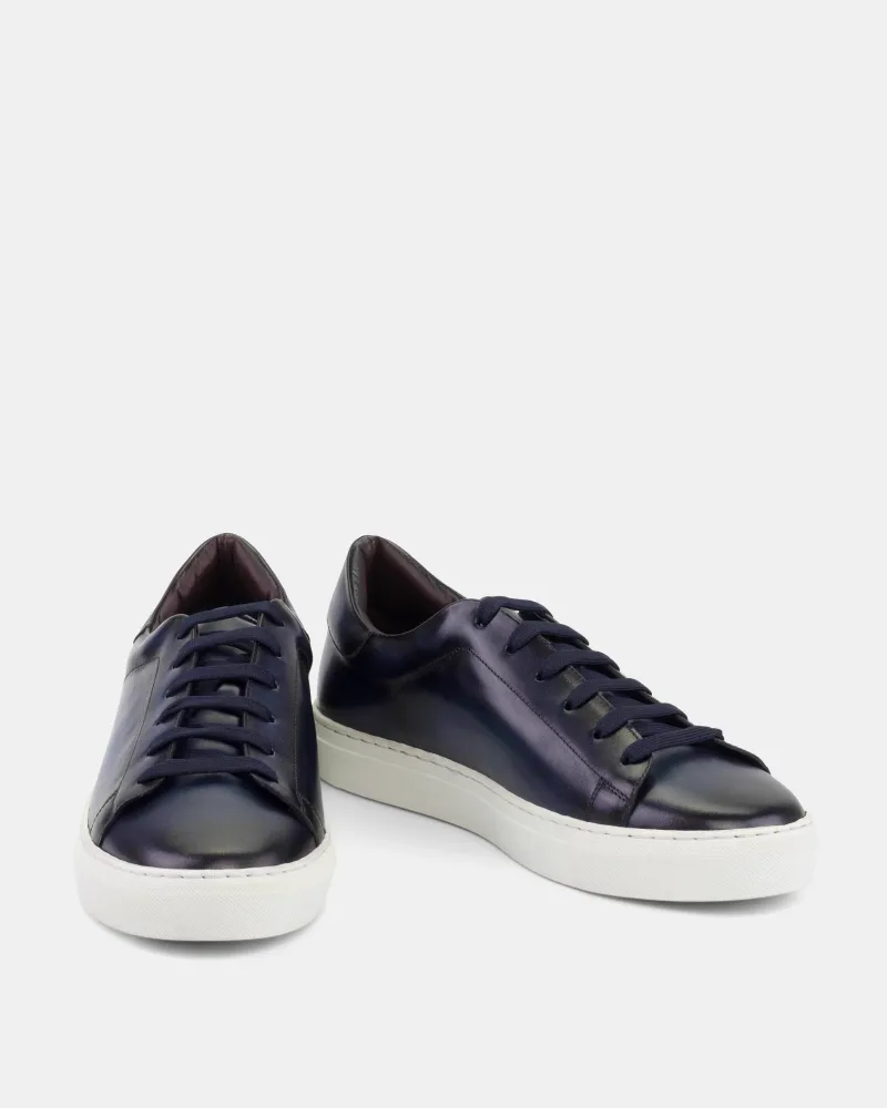 Navy Burnished Leather Dress Sneaker Bonded Seamless Construction GoodGrip