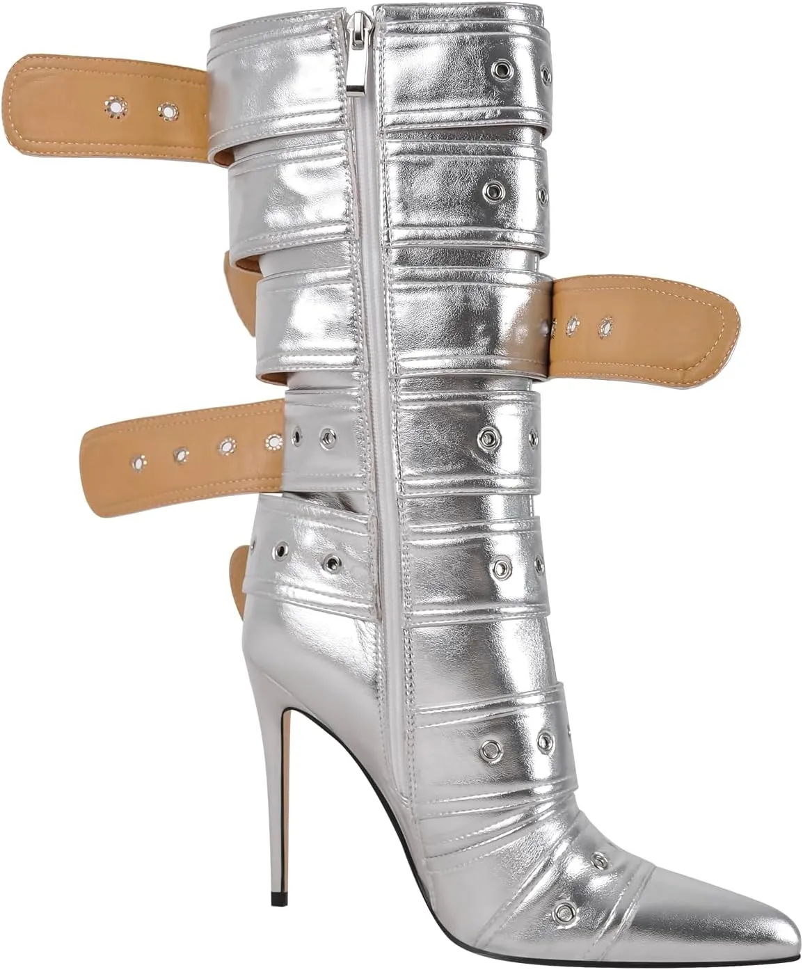 richealnini Sexy Pointed Toe Ankle Boots with Chains and Buckles Side Zip Up Stiletto Heel Mid Calf Booties