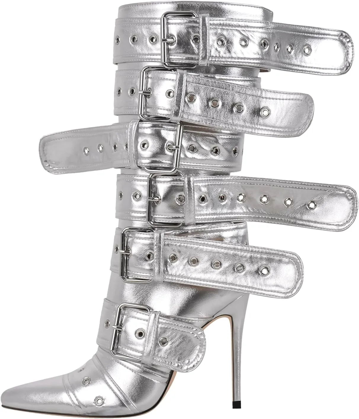 richealnini Sexy Pointed Toe Ankle Boots with Chains and Buckles Side Zip Up Stiletto Heel Mid Calf Booties