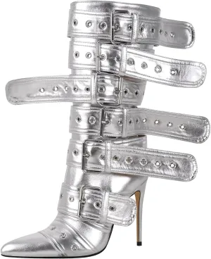 richealnini Sexy Pointed Toe Ankle Boots with Chains and Buckles Side Zip Up Stiletto Heel Mid Calf Booties