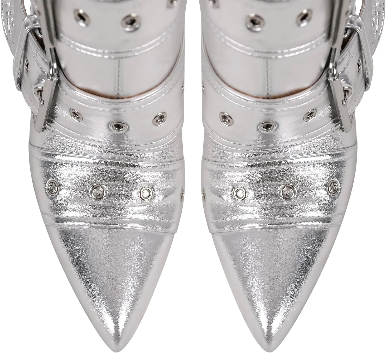 richealnini Sexy Pointed Toe Ankle Boots with Chains and Buckles Side Zip Up Stiletto Heel Mid Calf Booties