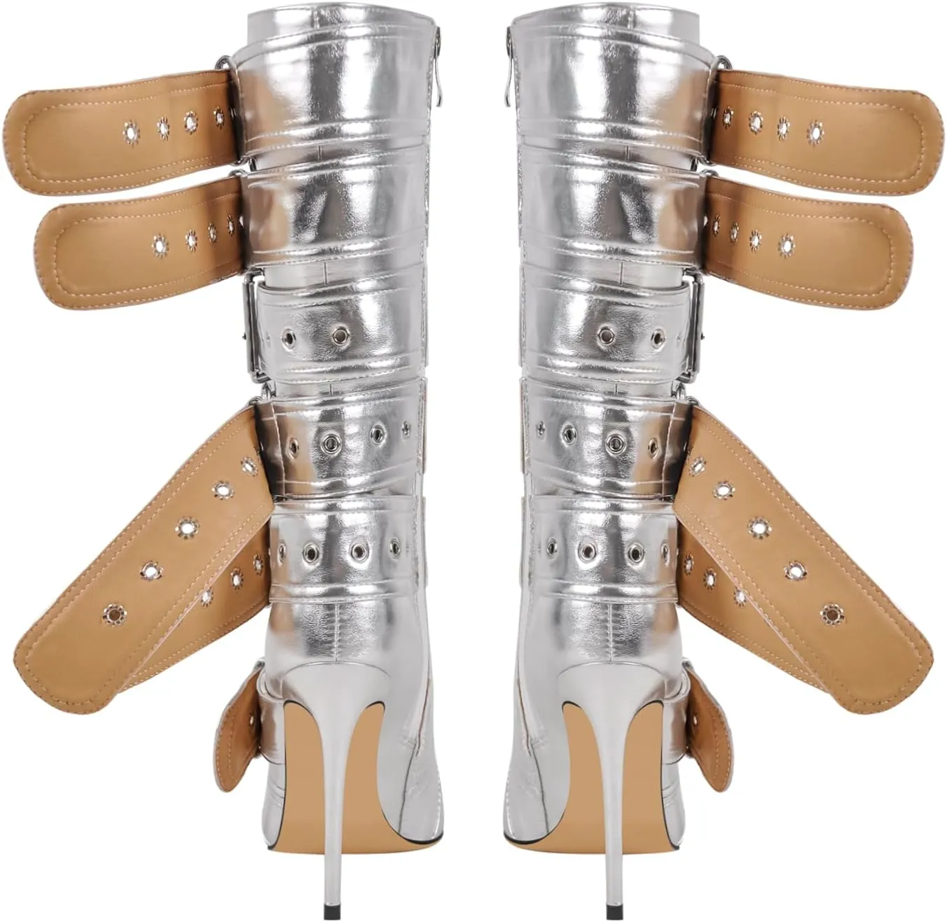 richealnini Sexy Pointed Toe Ankle Boots with Chains and Buckles Side Zip Up Stiletto Heel Mid Calf Booties