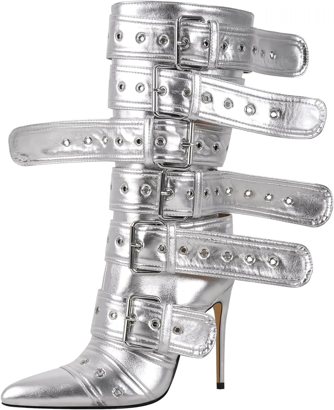 richealnini Sexy Pointed Toe Ankle Boots with Chains and Buckles Side Zip Up Stiletto Heel Mid Calf Booties